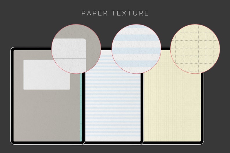 May include: A digital tablet displaying three different paper textures: a plain white paper, a blue lined paper, and a yellow grid paper. The paper textures are highlighted with red circles.
