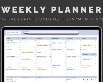 May include: A weekly planner on a digital device with a white stylus. The planner is divided into seven days of the week, with sections for to-do lists, shopping lists, notes, and a habit tracker. The planner is undated and has a sun/mon start.