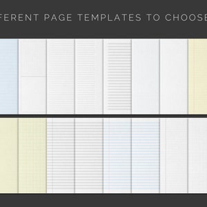 May include: 36 different page templates to choose from. The templates include lined, grid, and blank pages in various colors, including white, light blue, and yellow.