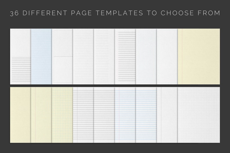 May include: 36 different page templates to choose from. The templates include lined, grid, and blank pages in various colors, including white, light blue, and yellow.