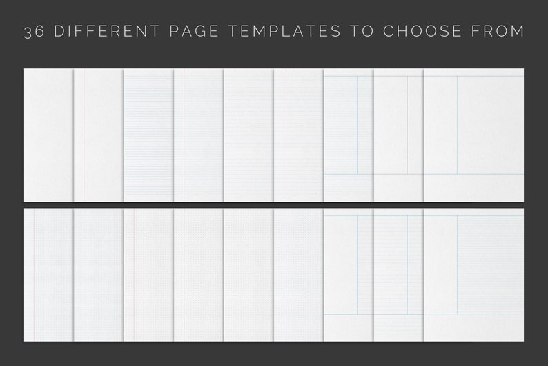 May include: A set of 36 different page templates for a notebook. The templates include lined, grid, and blank pages.
