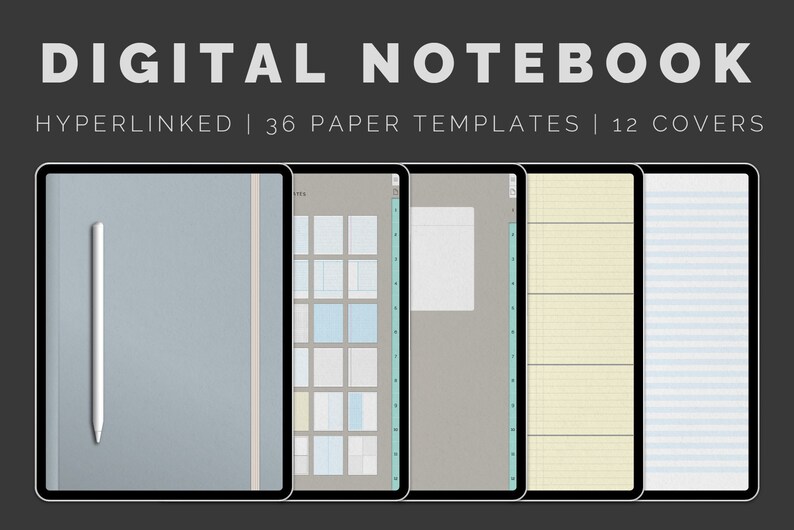 May include: A digital notebook app with a gray cover and a white stylus. The app has 36 paper templates and 12 covers. The app is shown on a tablet.