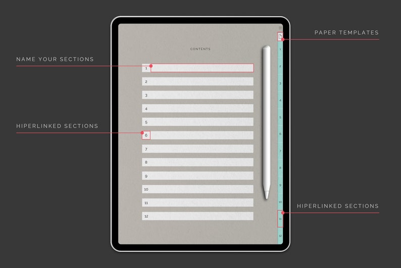 May include: A digital tablet with a gray background and a white stylus. The screen displays a table of contents with 12 numbered lines. The text "CONTENTS" is at the top of the table. The text "PAPER TEMPLATES" is on the right side of the screen. The text "NAME YOUR SECTIONS" is on the left side of the screen. The text "HIPERLINKED SECTIONS" is on the left and right sides of the screen.