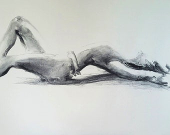Woman Sketch Print Charcoal Pencil Female Drawing Sensual Black And White Art 27.5x20 inches handmade Alina Louka Art