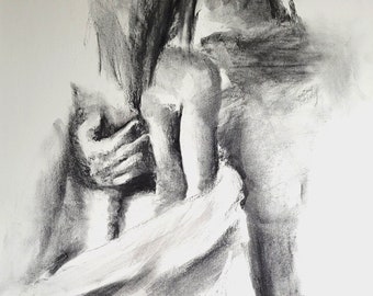 Original Lovers Art Sketch Couple sensuel dessin au fusain grand mur d'art noir et blanc 27,5 x 39 pouces fait main Alina Louka Art