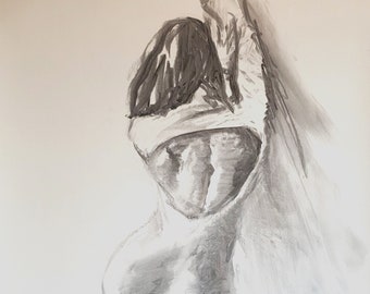 Original Woman Sketch Charcoal Pencil Art Female Figure Sensual Drawing 27.5x39 inches handmade Alina Louka Art