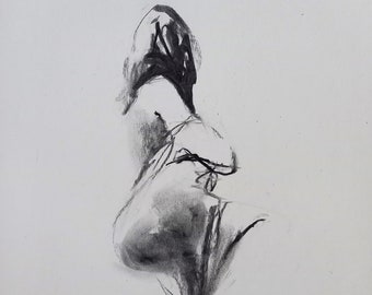 Femme Dessin Femme Esquisse Crayon Au Fusain Art Sensuel Noir et Blanc Femme Art 12x16.5 pouces fait à la main Alina Louka Art