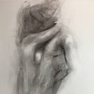 Dessin d'étreinte de couple, croquis d'amoureux de couple, art au crayon fusain, art sensuel noir et blanc fait main, art Alina Louka