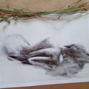 Woman Lying Down Drawing Charcoal Art Print Female Figure Sketch Black And White Handmade Alina Louka Art