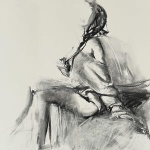 Female Figure Bigger Format Charcoal Sketch 27.5x27.5 Original Black And White Romantic Woman Drawing handmade Alina Louka Art