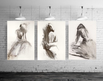 Set of Three Woman Art Sketches Female Print Set Sensual Black And White Art handmade Alina Louka Art