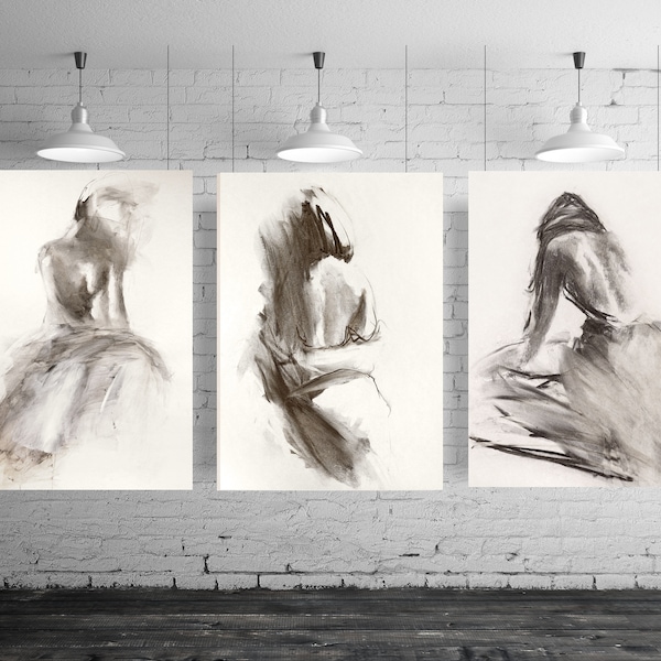 Set of Three Woman Art Sketches Female Print Set Sensual Black And White Art handmade Alina Louka Art