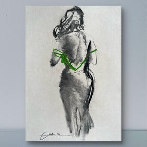 Sensual Woman Sketch Original Charcoal and Green Pastel Drawing Romantic Female Art 30x40cm Alina Louka Art