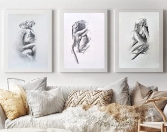 Set of Three Sketches Of Lovers Sensual Triptych Man And Woman Intimate Art Set Bedroom Art By Alina Louka Art