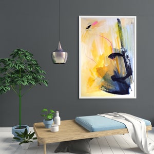 Yellow and Navy Blue Abstract Painting Large  Pastel Abstract On Paper Light Yellow Wall Art 27.5X39 Inches Handmade Alina Louka Art