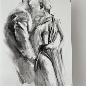 Couple Charcoal Art Original Charcoal Lovers Sketch Romantic Charcoal Art Male Female Sensual Art 27.5x39 inches Handmade Alina Louka Art