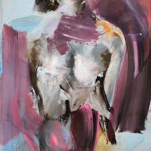 Original Woman Acrylic Painting: Burgundy, Neon Pink, Sensual Art (23x34 inches)