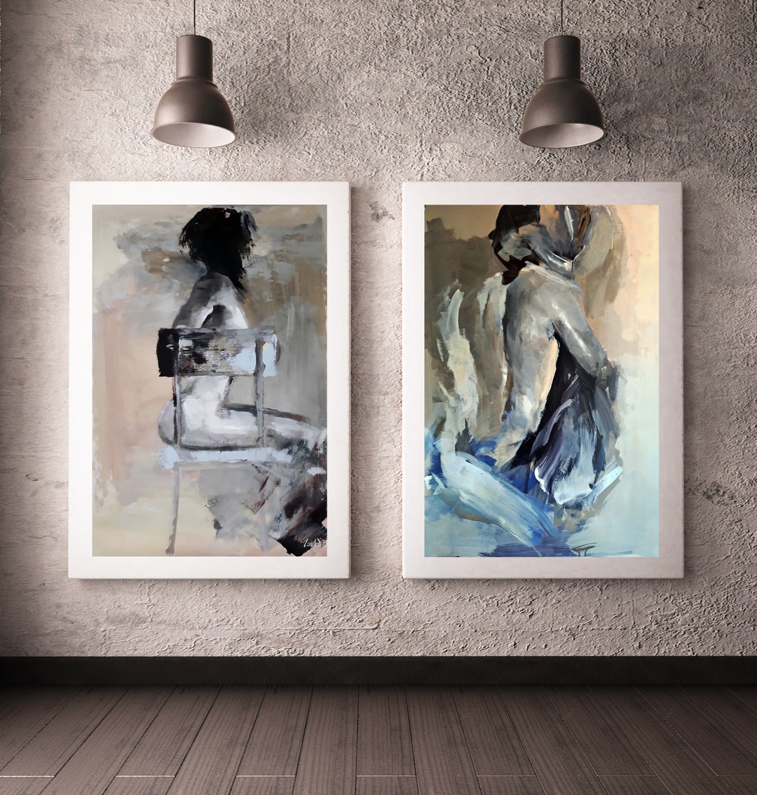 Set of Two Couple Paintings Male and Female Pastel Blue Art Prints Baby ...