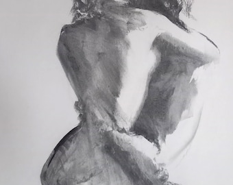 Lovers Art Black And White Lovers Sketch Charcoal Couple Art Lovers Embrace Drawing Large Art Prin  20x27.5 inches handmade Alina Louka Art