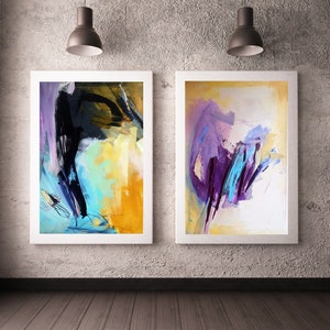 Conjunto de duas estampas giclée abstratas turquesa e roxa arte pastel artesanal Alina Louka Art