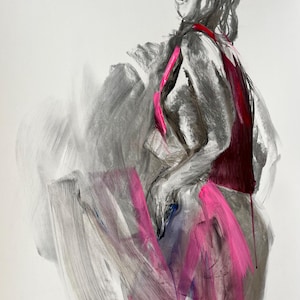 Sensual Woman Drawing Neon Pink Aubergine Wall Art Sketch Charcoal Female Sketch Pink Wall Decor 27.5x39 inches Alina Louka Art
