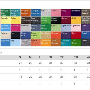 May include: A chart showing color options and finished measurements for a t-shirt. The color options include a variety of shades of green, blue, red, orange, pink, and grey. The finished measurements are listed in inches for sizes S through 5XL.