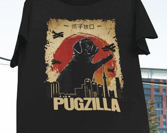 Pugzilla Classic T-Shirt, Funny Pet Design, Dog Lover Gift, Pugzilla Shirt, Japanese Style Shirt, Crazy Dog Shirt, Pug Dog Shirt