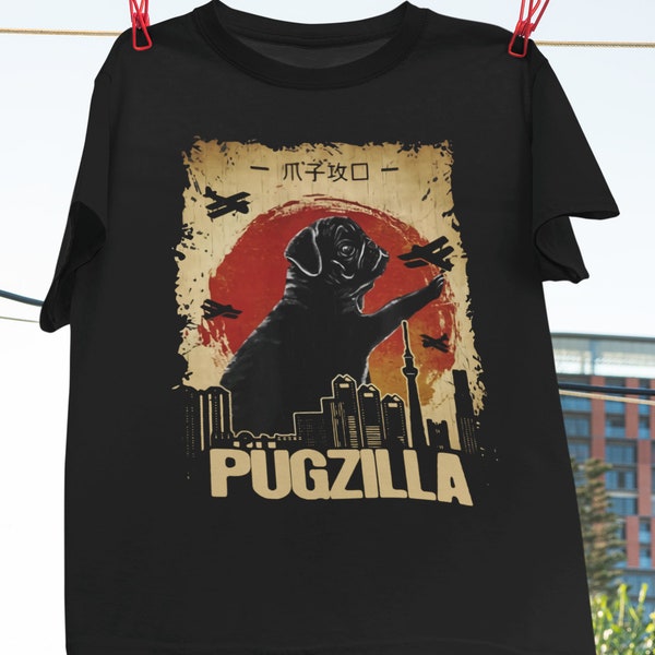 Pugzilla klassisches T-Shirt, lustiges Haustier-Design, Hundeliebhaber-Geschenk, Pugzilla-Hemd, japanisches Art-Hemd, verrücktes Hunde-Hemd, Mops-Hund-Hemd