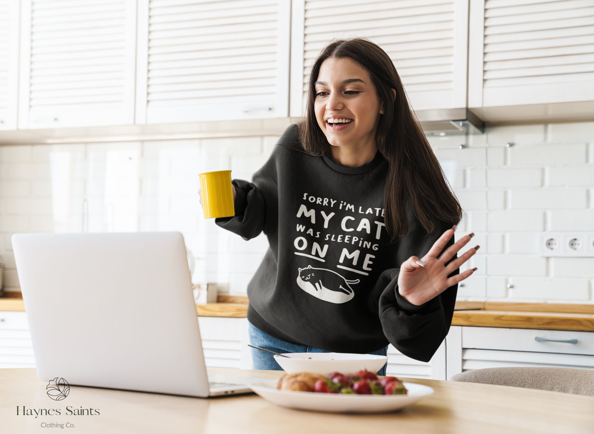 Sorry I'm Late My Cat Was Sleeping On Me Cat And Kitten Gift T-Shirt, Black