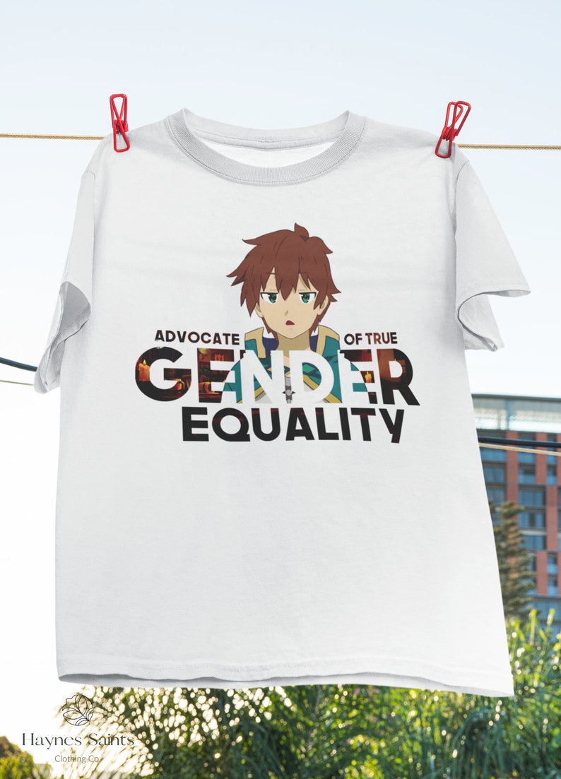 May include: White t-shirt featuring a cartoon anime character and the text "Advocate of True Gender Equality".