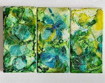 Alcohol ink tile for hanging, handmade, upcycled, Green Blooms, Fire Series