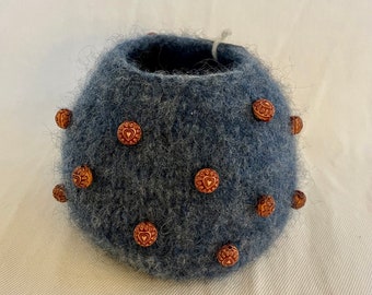 Felted wool pot to display or fill with treasures, collections, flowers, office supplies, or potpourri: Denim Dot