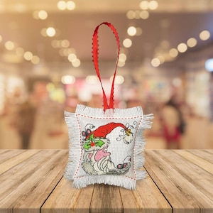 Embroidered Crescent Santa Ornament – Handmade Christmas Decor