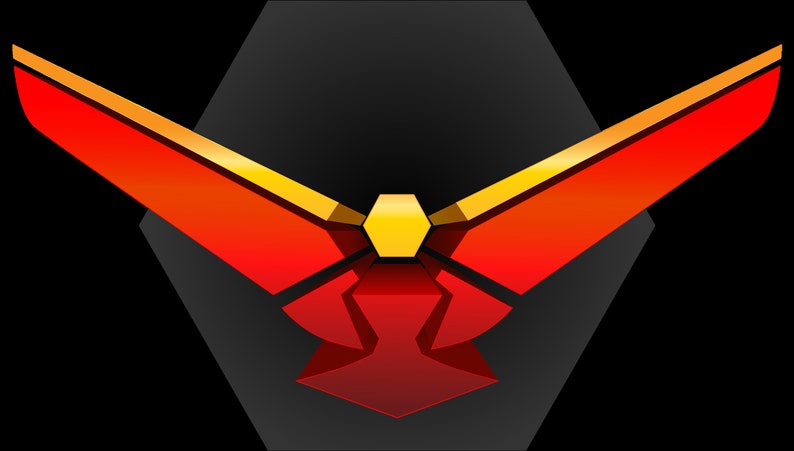Puede incluir: Un logotipo estilizado de &aacute;guila roja y dorada con un fondo hexagonal. El &aacute;guila tiene un dise&ntilde;o angular y afilado y mira hacia adelante con las alas extendidas.