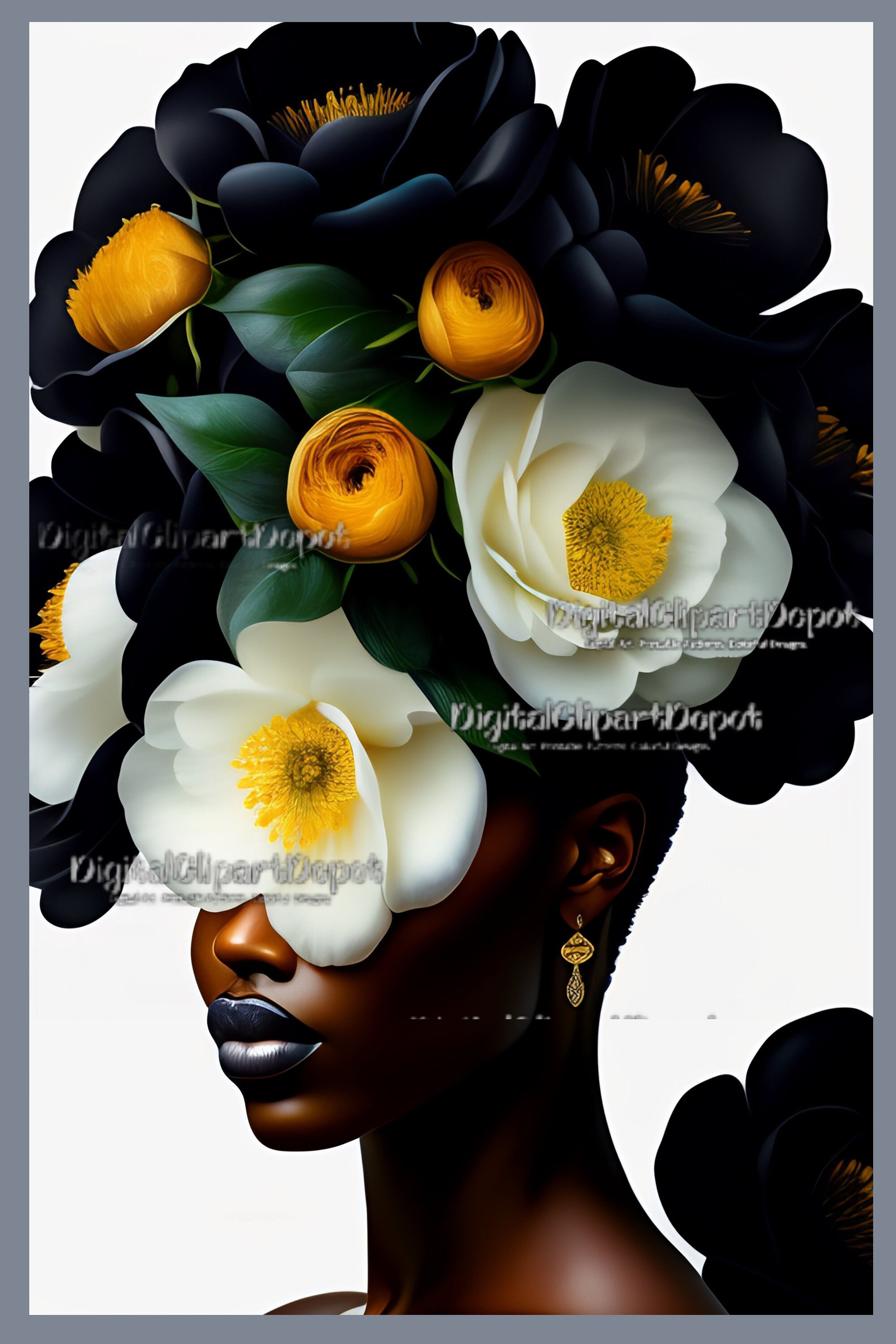 Beautiful Black Hair Flowers Art Hair Printable Art Boho Décor Etsy