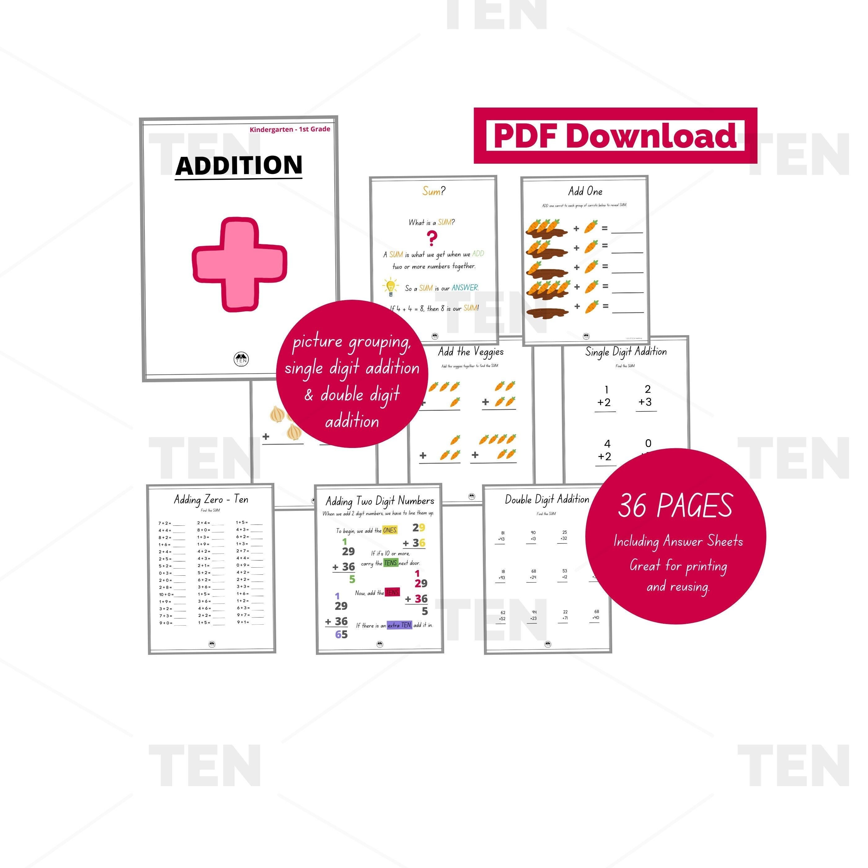 addition worksheet pdf pre k kindergarten 1st grade math etsy ireland