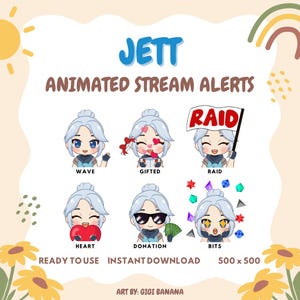 May include: A collection of animated stream alerts featuring a character named Jett. The alerts include "Wave," "Gifted," "Raid," "Heart," "Donation," and "Bits." The image is labeled "Ready to Use" and "Instant Download."