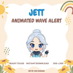 May include: Animated Jett wave alert, a digital illustration of a cartoon character with blue eyes and white hair, waving. The background is a light peach color with a sun and rainbow.