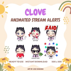 Animated Stream Alerts - Clove Valorant, Cute Kawaii Chibi, VTuber, Twitch, Discord, YouTube, Emotes
