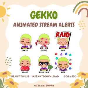 Animated Twitch Alerts - Gekko Valorant, Cute Kawaii Chibi, VTuber, Twitch, Discord, YouTube