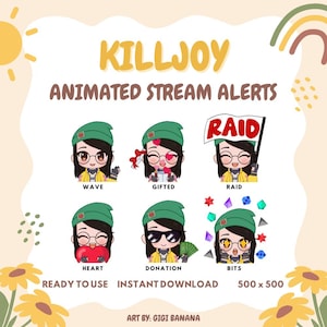 Könnte beinhalten: Animierte Stream-Benachrichtigungen für Twitch oder YouTube mit Killjoy aus Valorant. Die Benachrichtigungen sind im Cartoon-Stil gehalten und beinhalten eine Welle-, Geschenk-, Raid-, Herz-, Spenden- und Bits-Benachrichtigung. Jede Benachrichtigung ist 500 x 500 Pixel groß.