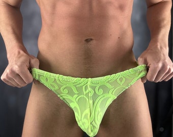 Neon Yellow Lace Thong for Men, Men’s Yellow Lace underwear. Men’s Lace Underwear.