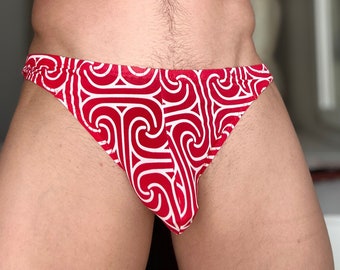 Red and White Abstract Underwear for Men, Designer Underwear for Men, Men’s Red Thong