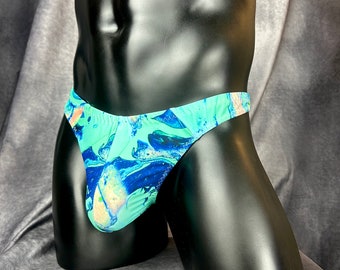 Blue Abstract Thong for Men, Water Color Thong, Oil Slick Themed Print.