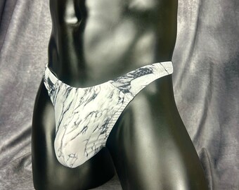 White Marble Print Thong for Men, White Thong, Marble themed briefs.