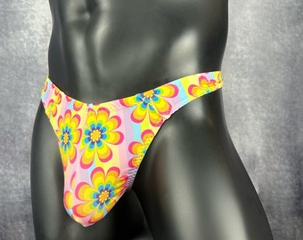 Floral Thong for Men, Thong with Flowers, Pink and Yellow Flowers,