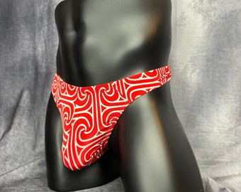 Red and White Abstract Underwear for Men, Designer Underwear for Men, Men’s Red Thong