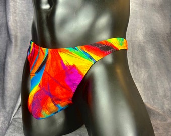 Colorful Abstract Thong for Men, Water Color Thong, Rainbow Underwear.