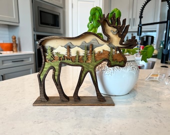 3D Wooden Moose Decor | Layered Mountain Scene