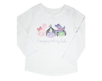 Hanging with my Gals Halloween T-shirt, Personalized Girls Monster Trio Halloween T-shirt, Sketch Monster Trio Embroidery T-shirt